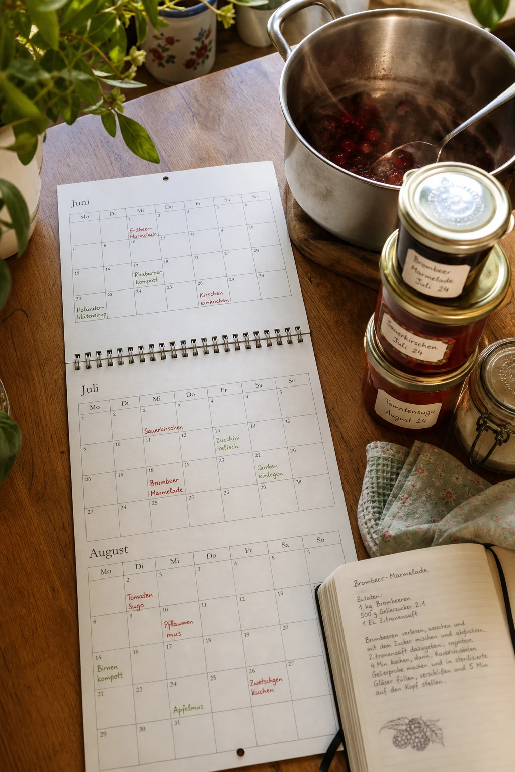 Küchenkalender mit handschriftlich markierten Einkochterminen von Juni bis August neben einem dampfenden Topf, Etiketten und einem Rezeptheft.