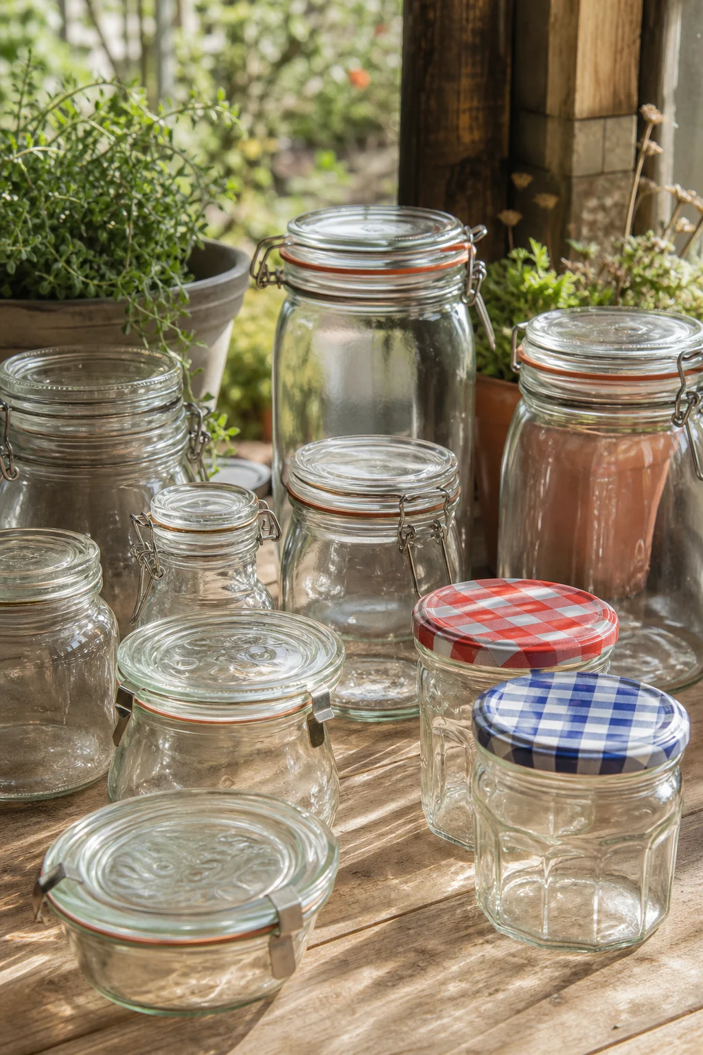 Verschiedene Einmachgläser nebeneinander: Weckgläser mit Glasdeckel und Klammern, Twist-off-Marmeladengläser und Bügelgläser auf Holz.