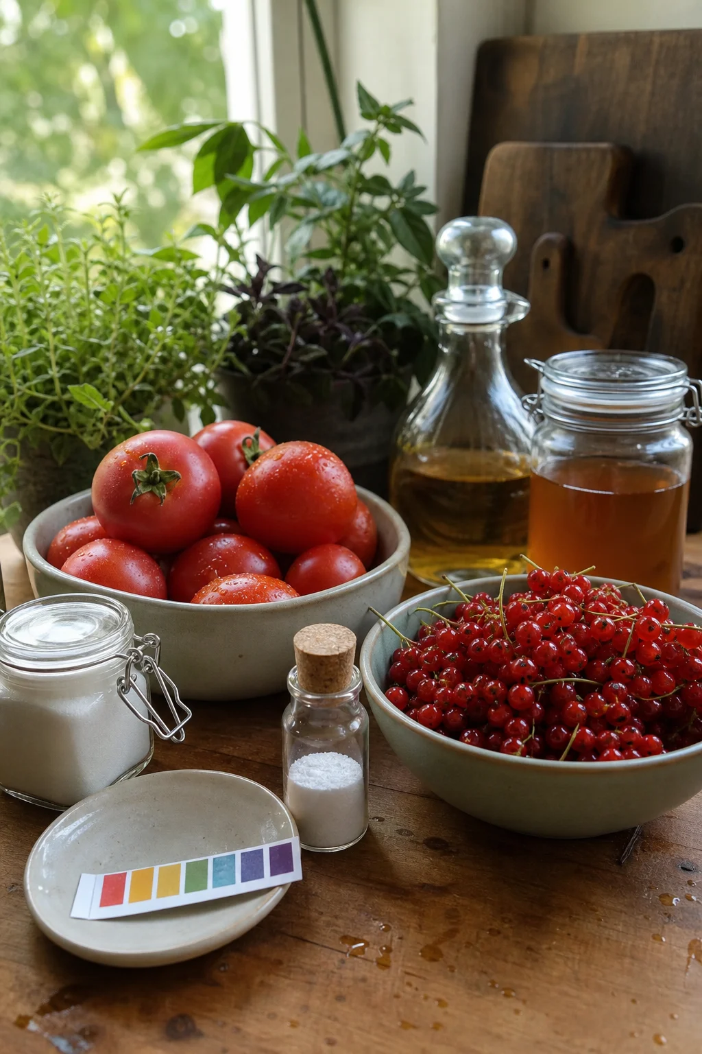 Schüsseln mit reifen Tomaten und Johannisbeeren, daneben Essigflaschen, Zitronensäure-Pulver und ein pH-Teststreifen auf einer Untertasse.