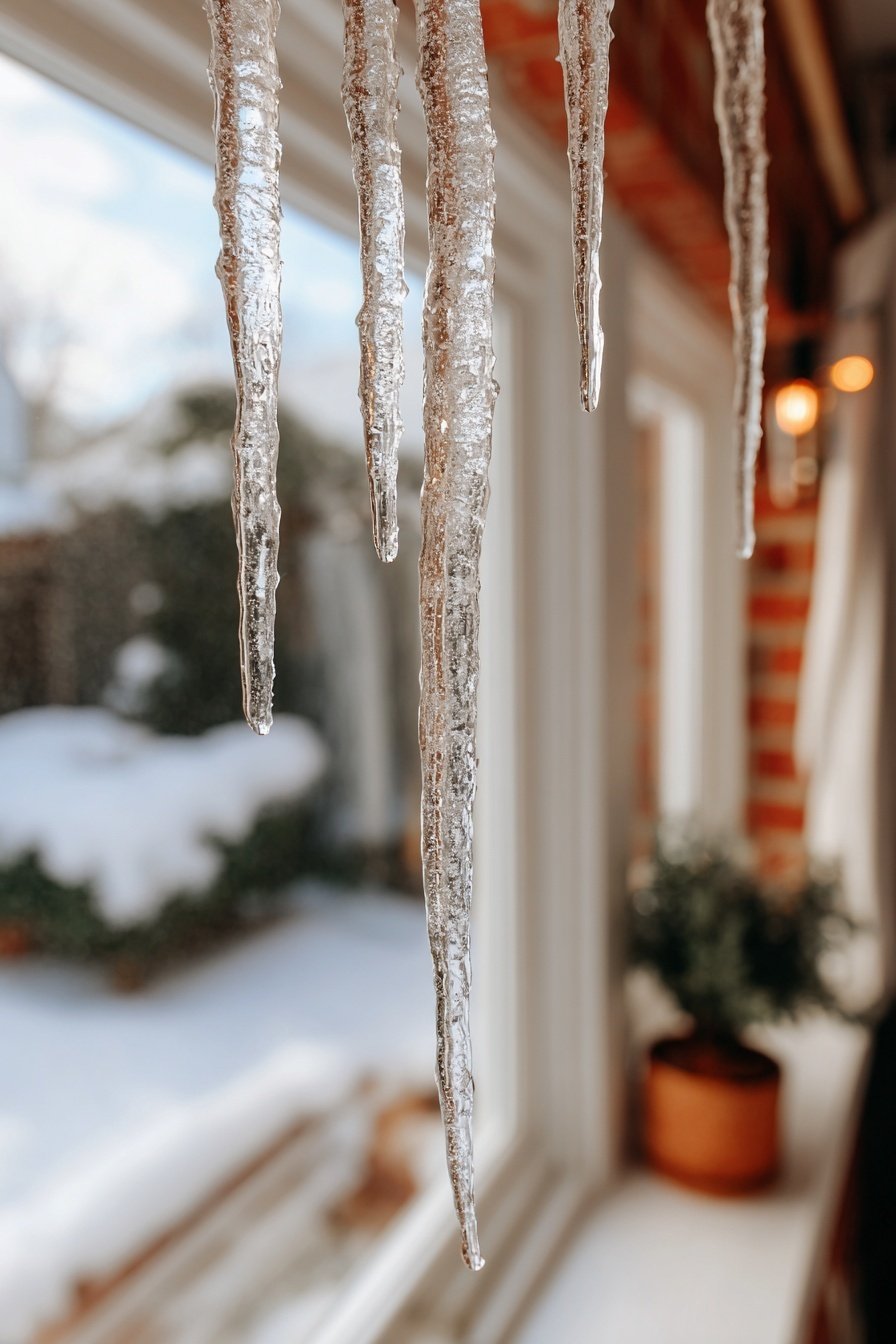 Eiszapfen hängen vor einem Fenster mit winterlicher Aussicht