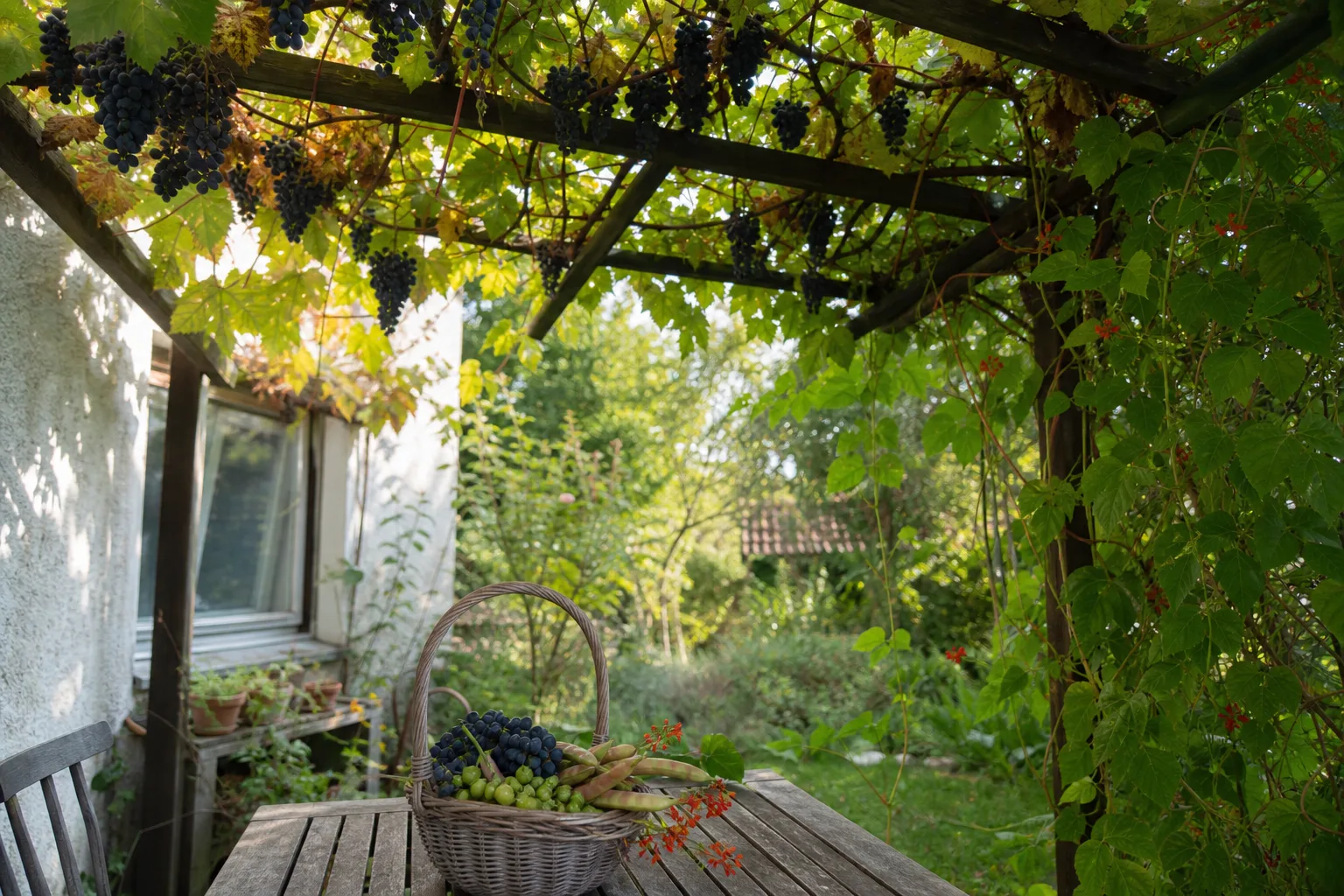 Pergola mit reifen blauen Trauben und blühenden Feuerbohnen, darunter ein Korb mit Trauben, Bohnen und Kiwibeeren
