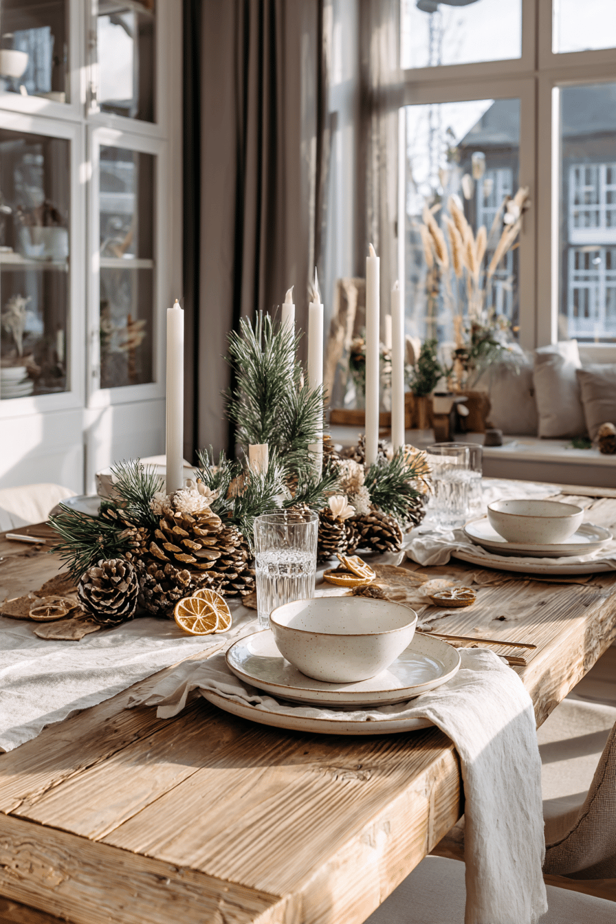 Weihnachtlich dekorierter Esstisch mit Tannenzweigen, Kerzen, Tannenzapfen und getrockneten Orangenscheiben
