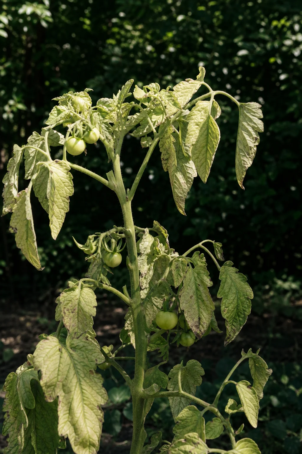 Tomatenpflanze mit blassen, gelben Blättern im Schatten