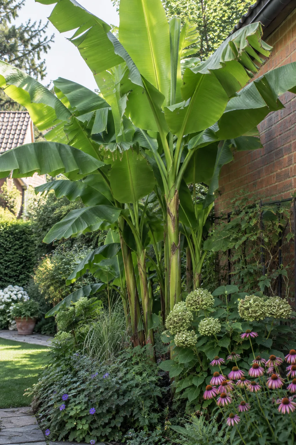 Japanische Faserbanane im Spätsommer in einem geschützten Gartenwinkel, mehrere Scheinstämme mit riesigen, hellgrünen, paddelförmigen Blättern, die am Rand leicht eingerissen sind