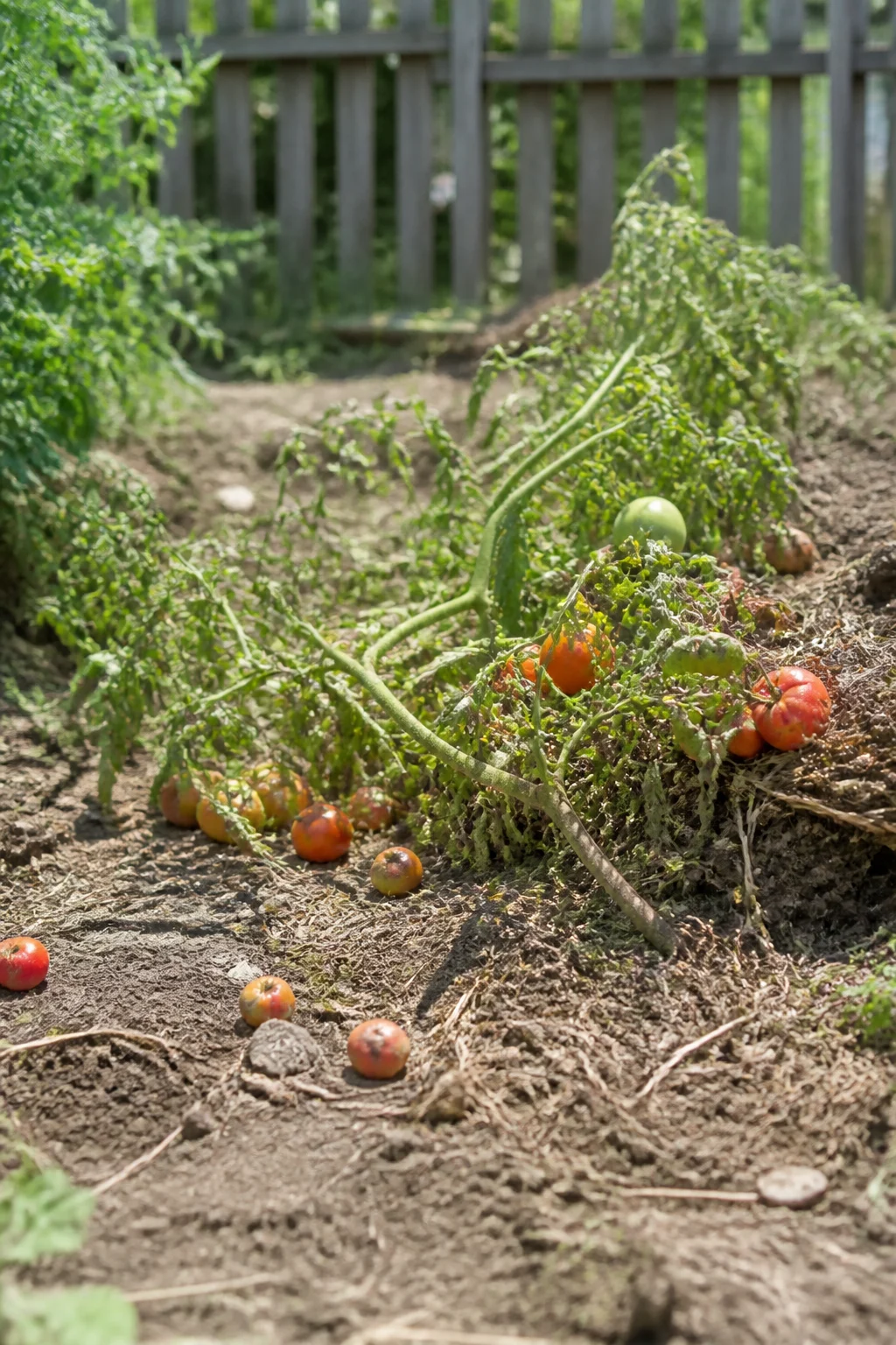 Tomatenpflanze ohne Rankhilfe am Boden liegend
