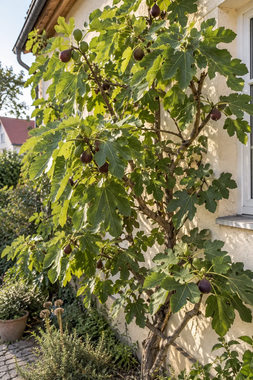 Feigenbaum an einer sonnigen, hellen Hauswand mit großen, drei- bis fünffach gelappten Blättern und grünen bis violetten, birnenförmigen Früchten