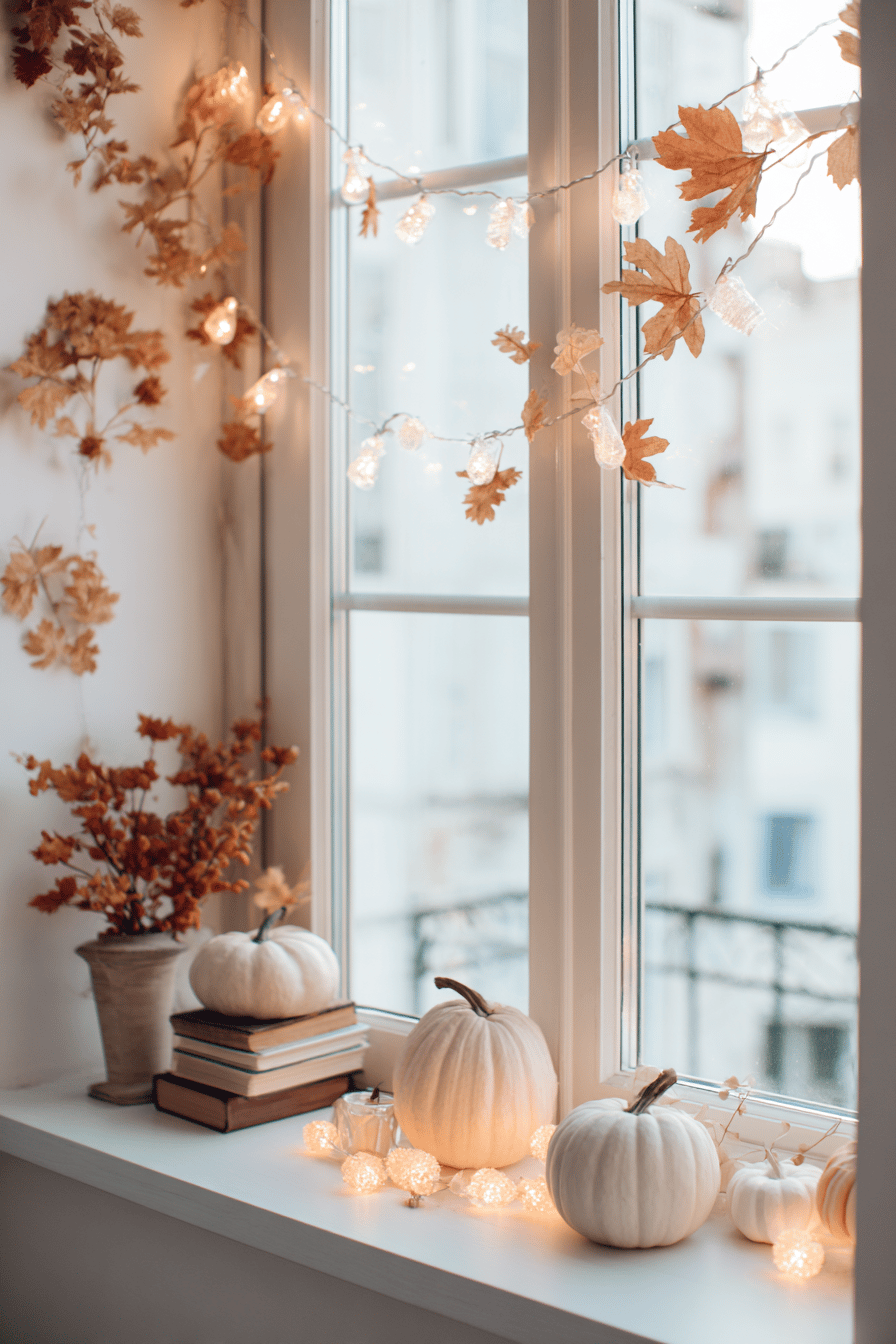 Herbstlich dekorierte Fensterbank mit Kürbissen, Lichterketten und getrockneten Blättern.