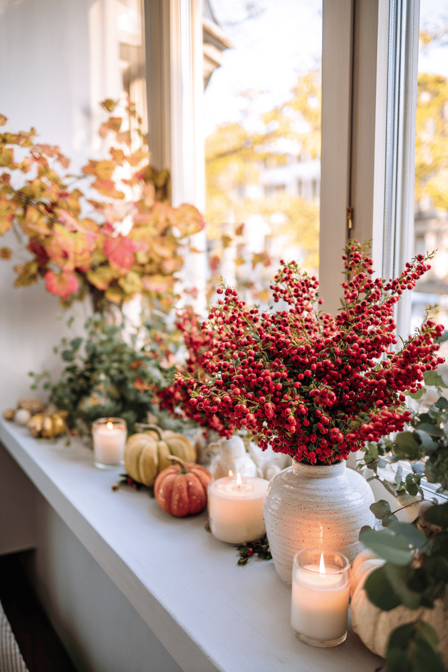 Fensterbank mit Herbstdekoration wie Hagebutten, Beeren, Kerzen und Kürbissen.