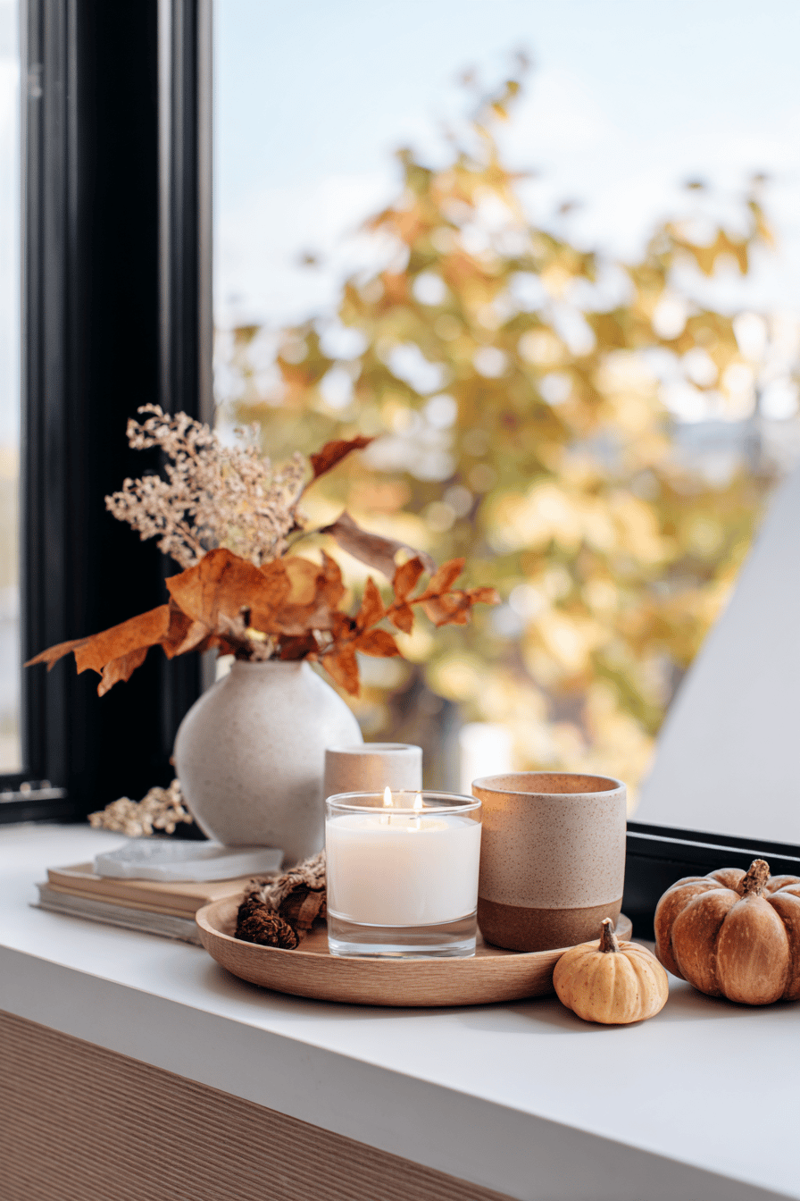 Herbstliche Fensterbank mit Deko: Kerzen, Kürbis und Trockenblumen.