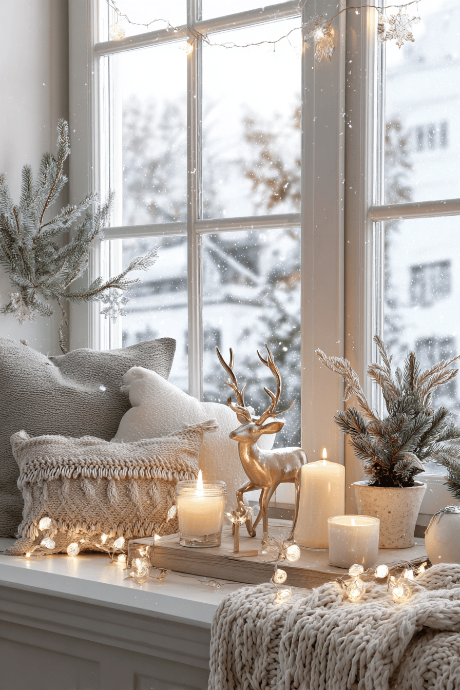 Winterlich dekorierte Fensterbank mit Kerzen, Lichterkette, Kissen und Deko-Hirsch