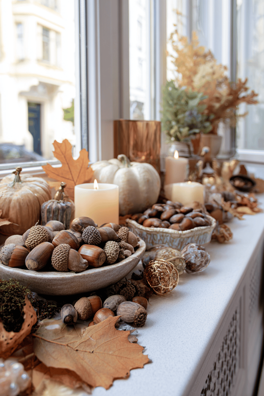 Herbstlich dekorierte Fensterbank mit Eicheln, Kürbissen, Blättern und Kerzen.