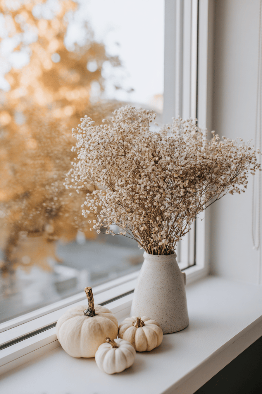 Herbstliches Fensterbank-Dekor mit Trockenblumen und kleinen Kürbissen.