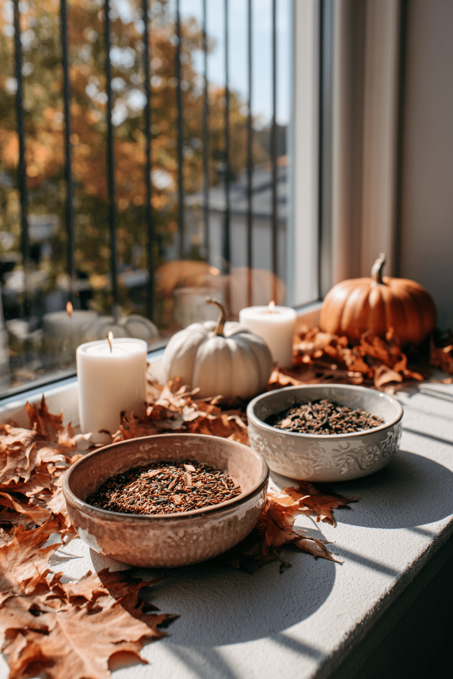 Fensterbank mit herbstlichen Dekorationen wie Kürbissen, Kerzen und Schalen voller Samen und Herbstlaub.