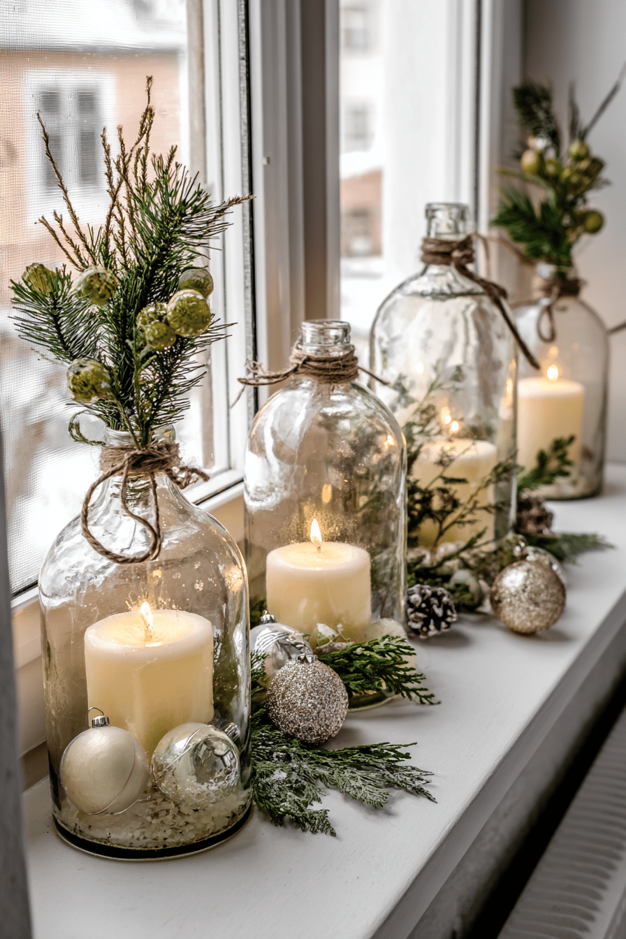 Weihnachtlich dekorierte Glasflaschen mit Kerzen und Zweigen auf einer Fensterbank.