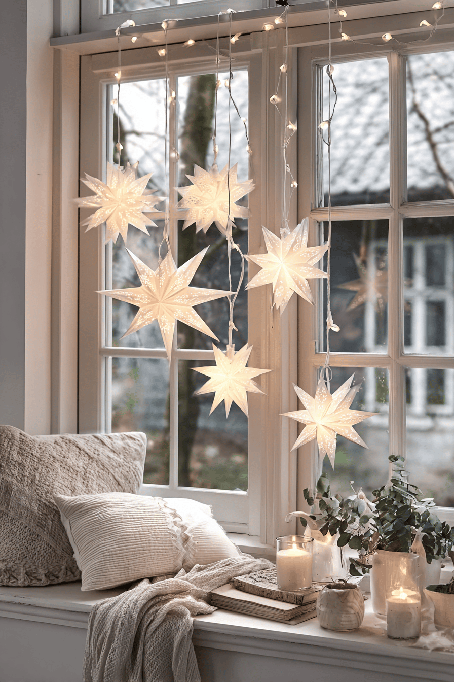 Leuchtende Papiersterne und Lichterketten am Fenster mit gemütlicher Fensterbank