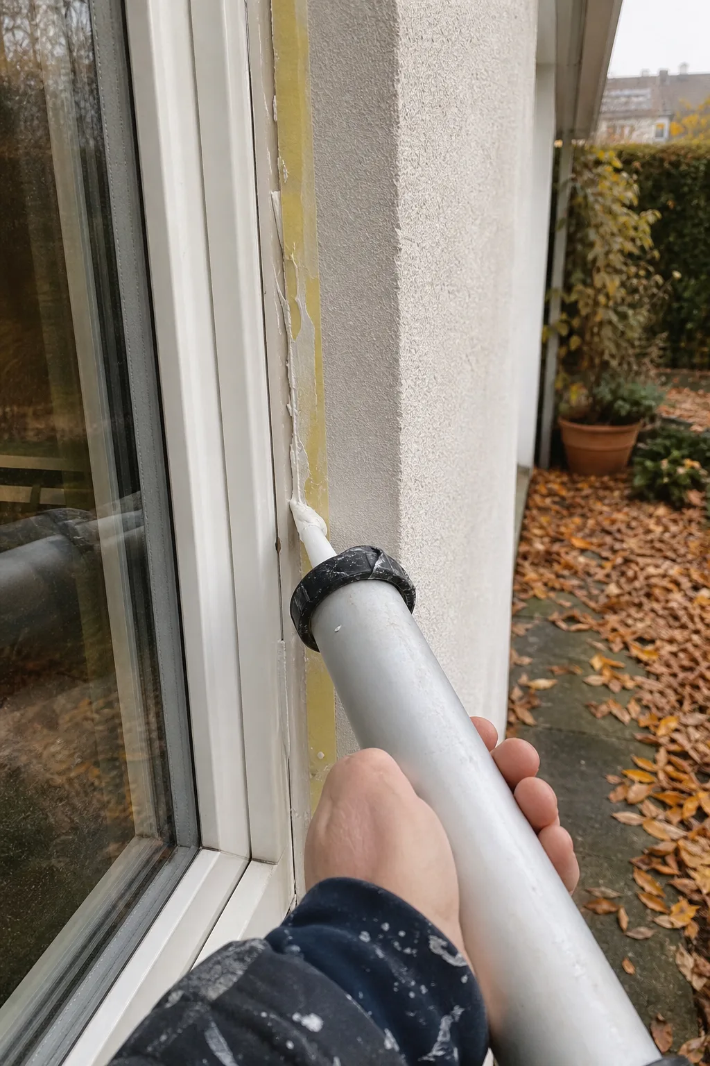Fuge zwischen Fensterrahmen und Hauswand wird mit Dichtmasse abgedichtet