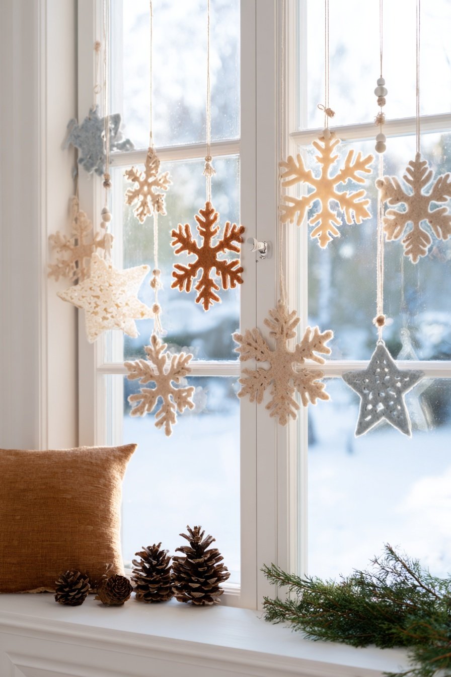 Winterliche Fensterdeko mit Filz-Schneeflocken und Sternen an Schnüren