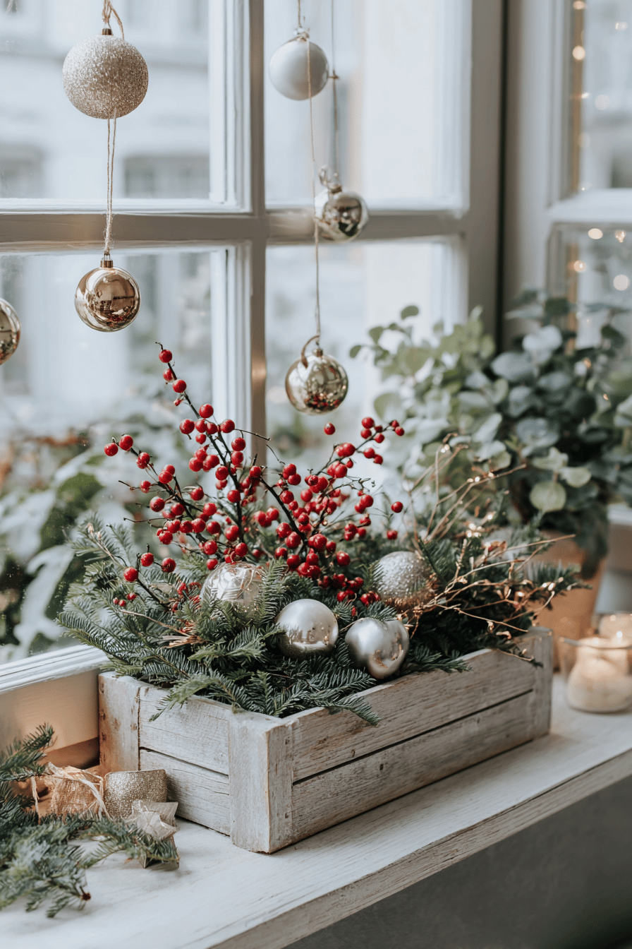 Weihnachtlich dekorierter Blumenkasten mit roten Beeren, Tannenzweigen und goldenen Kugeln auf der Fensterbank.