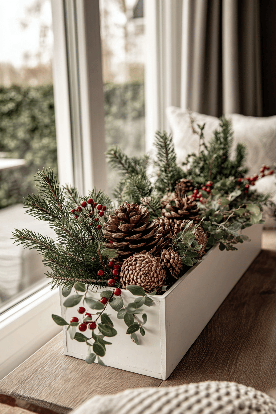 Ein weißer Blumenkasten mit Tannenzweigen, Zapfen und roten Beeren am Fenster.