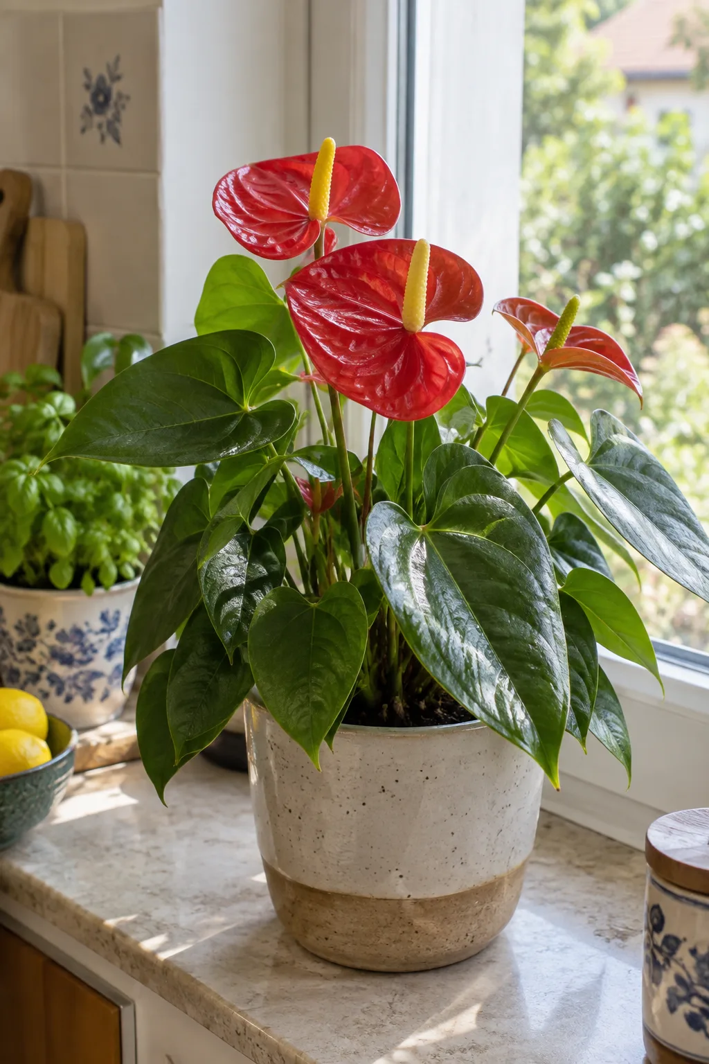 Flamingoblume im Topf mit herzförmigen, glänzenden dunkelgrünen Blättern und mehreren glänzend roten, herzförmigen Hochblättern mit aufrechtem gelblichem Kolben