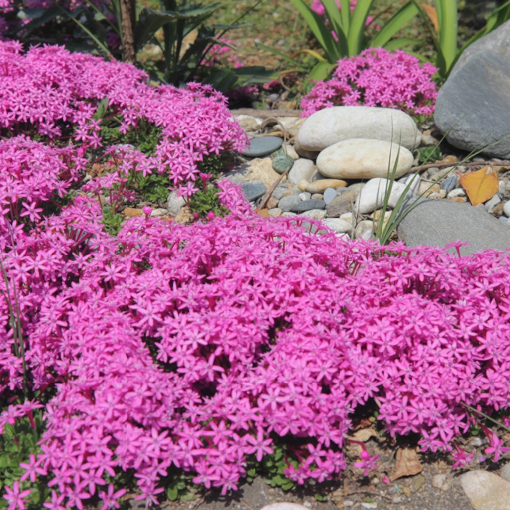 Kräftig pink blühender Teppich-Phlox als dichtes Polster zwischen Steinen