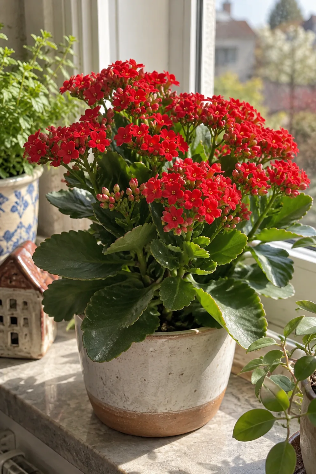 Flammendes Käthchen im Topf mit dicken, glänzenden, gekerbten Blättern und dichten Dolden kleiner leuchtend roter vierzähliger Blüten auf einer sonnigen Fensterbank