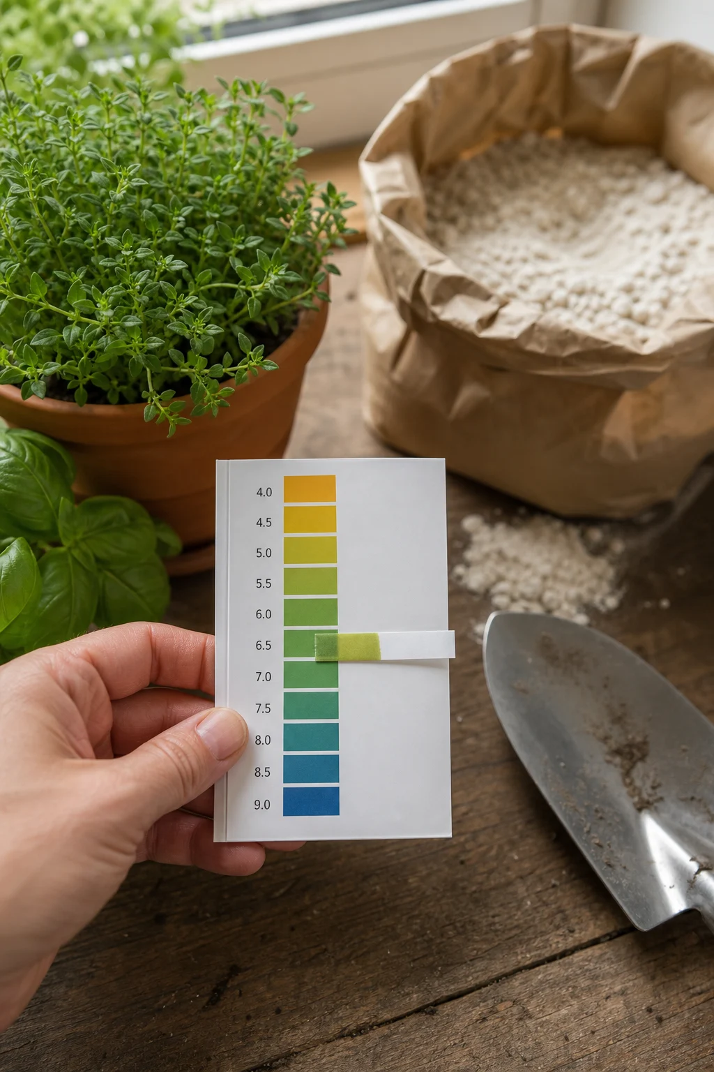 Hand hält einen pH-Teststreifen mit Ergebnis im neutralen Bereich, im Hintergrund liegen Gartenkalk und eine kleine Pflanzkelle auf einer Holzbank.
