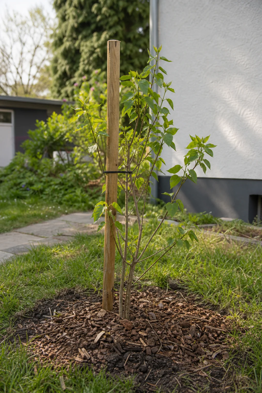 Junger, etwa 80 cm hoher Fliederstrauch frisch im Frühling gepflanzt, mit einem Holzpfahl gestützt und mit Rindenmulch abgedeckt.