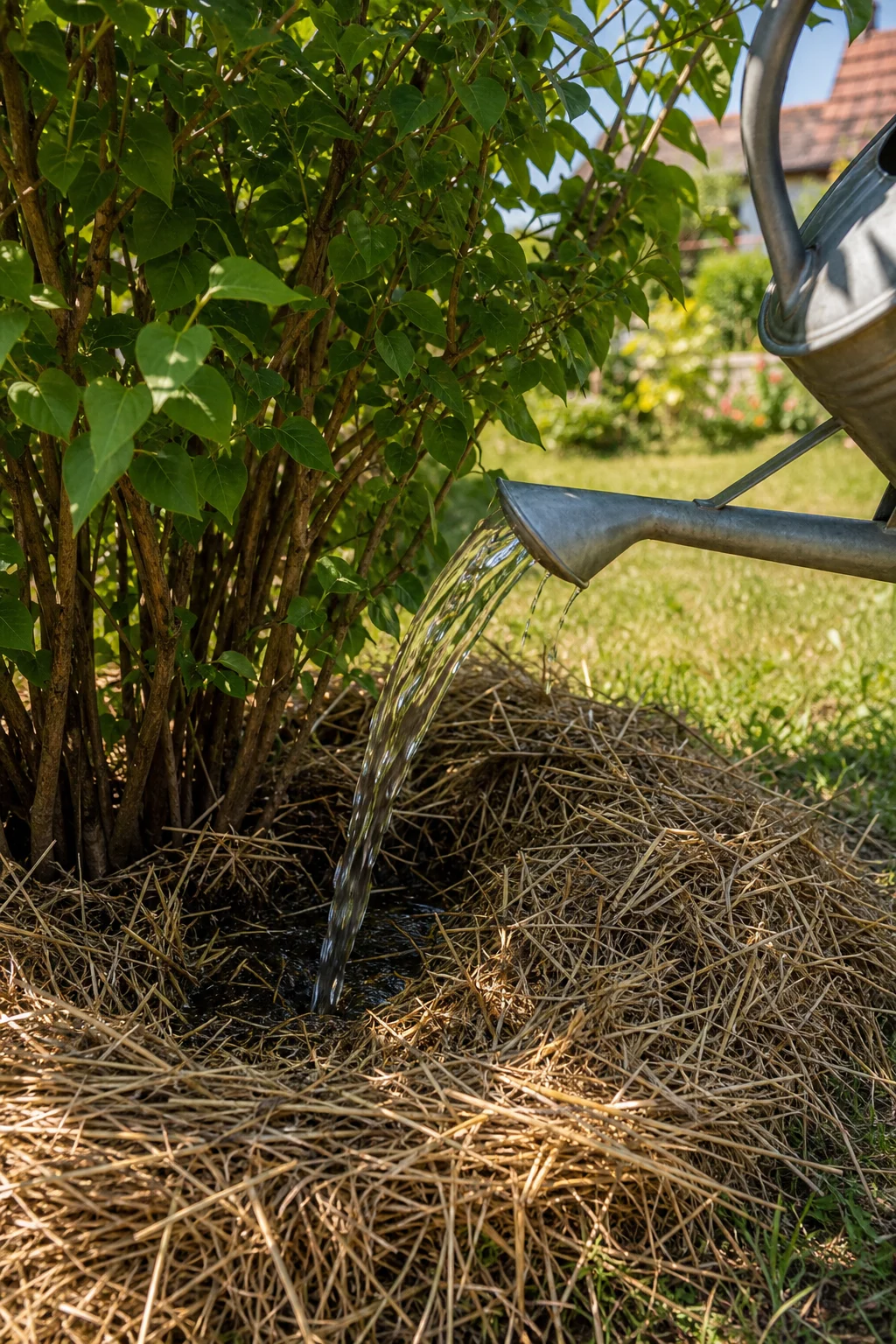 Gießkanne mit langer Tülle gibt Wasser in einen mit Strohmulch ausgekleideten Gießrand rund um die Basis eines etablierten Fliederstrauchs.