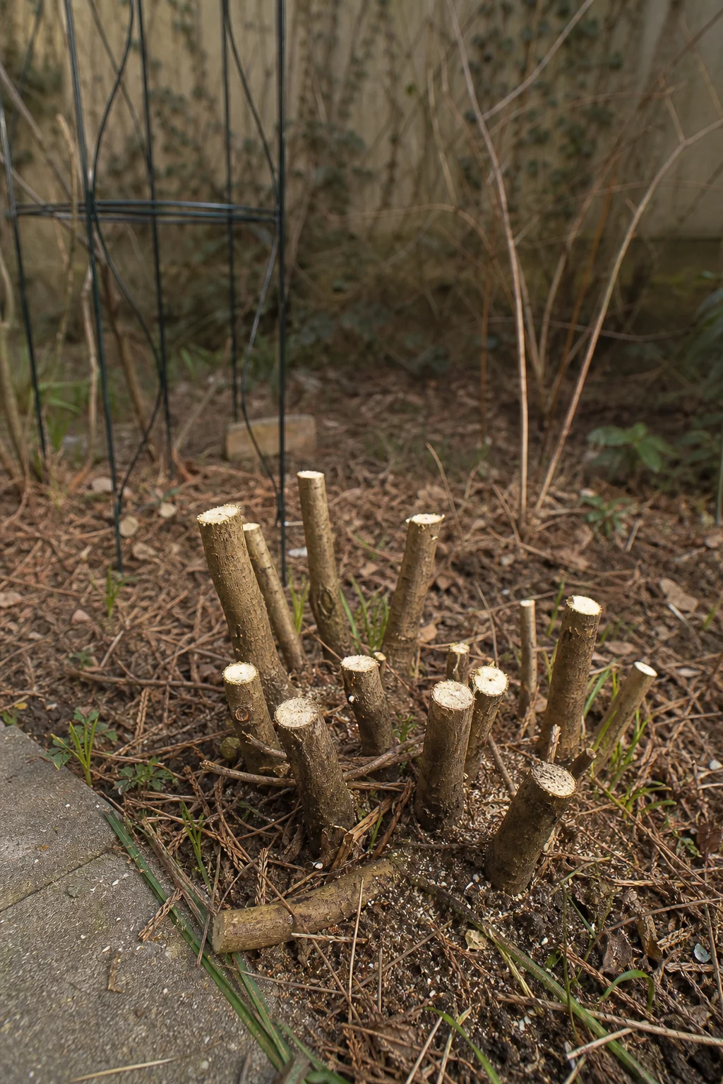 Stark überalterter Fliederstrauch radikal auf 30 bis 40 cm Stümpfe zurückgeschnitten, frische Sägeschnitte überall sichtbar, im späten Winter im Garten.