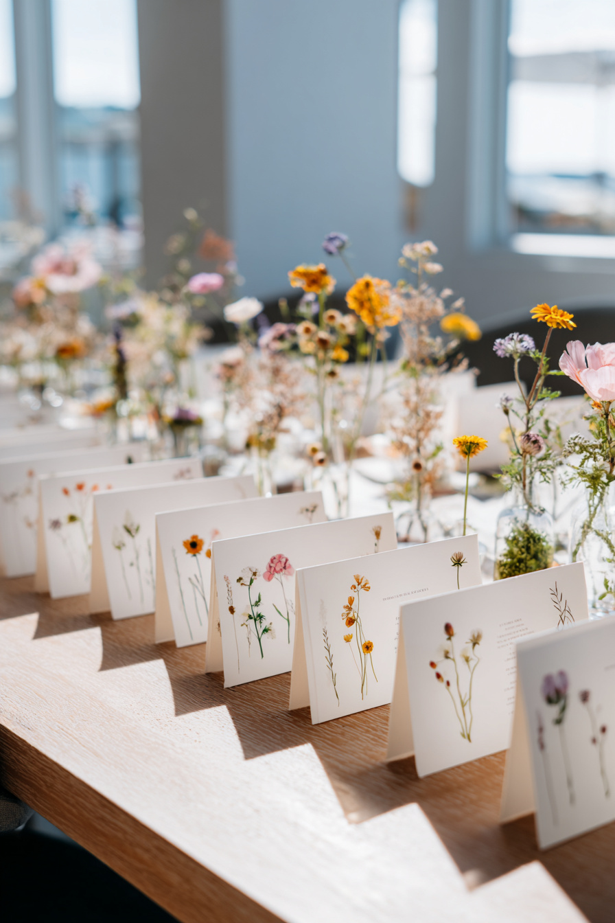 Florale Platzkarten mit Frühlingsblumen auf dem Tisch