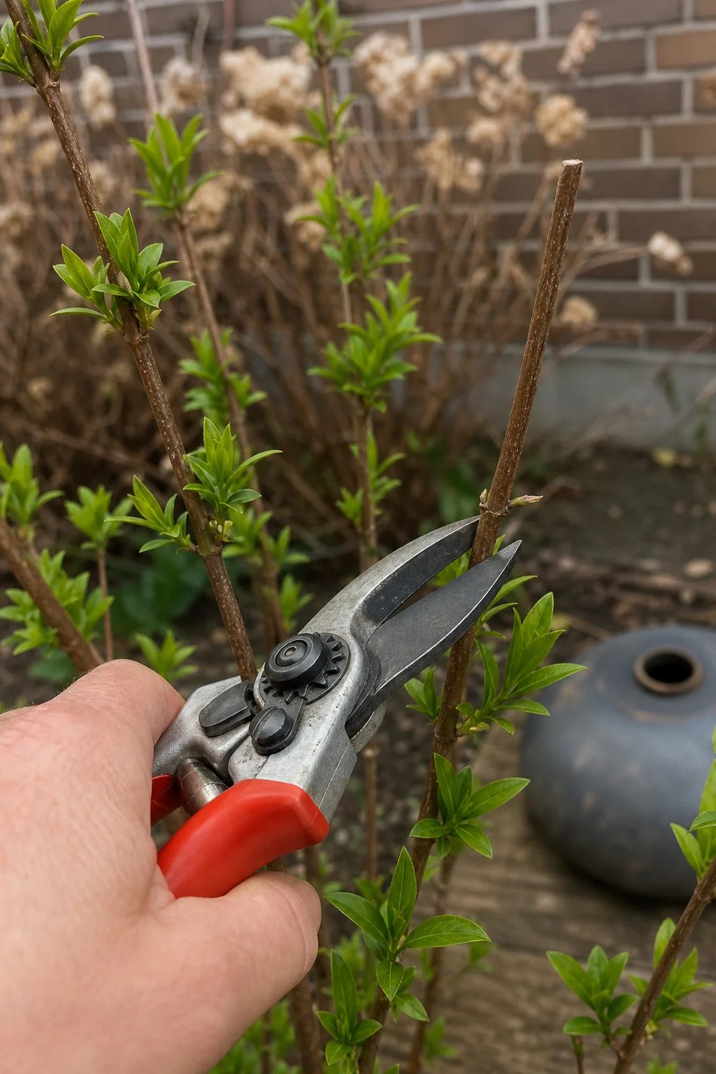 Hand schneidet mit einer Bypass-Astschere einen Forsythienzweig leicht schräg dicht über einer nach außen zeigenden Knospe.