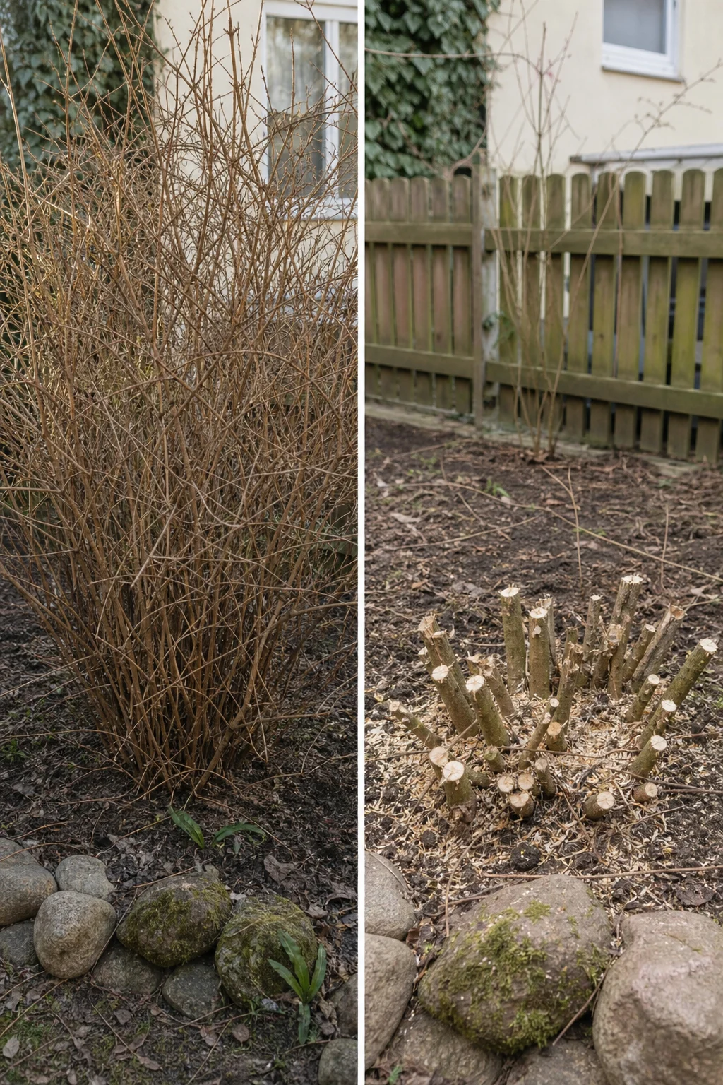 Alter, vernachlässigter Forsythienstrauch im Vergleich vor und nach einer radikalen Verjüngung, rechts nur 20 cm hohe Stümpfe mit frischen Schnittflächen.