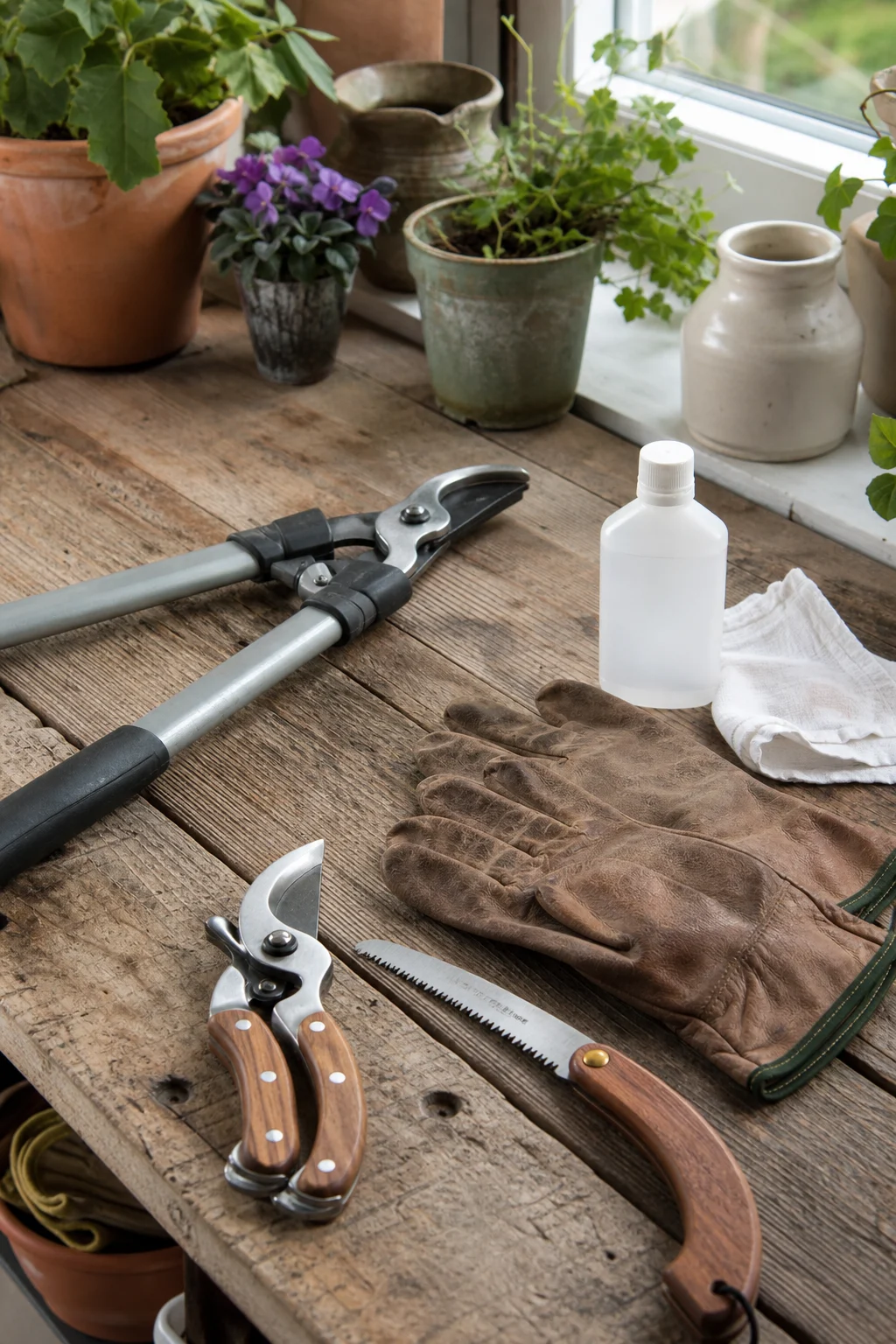 Saubere Gartenwerkzeuge auf einer Werkbank: scharfe Bypass-Astschere, Astschneider, klappbare Säge, Lederhandschuhe und eine Flasche Desinfektionsmittel mit Tuch.