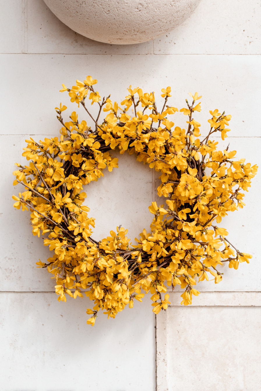 Forsythienkranz mit dichten gelben Blüten für die Haustür