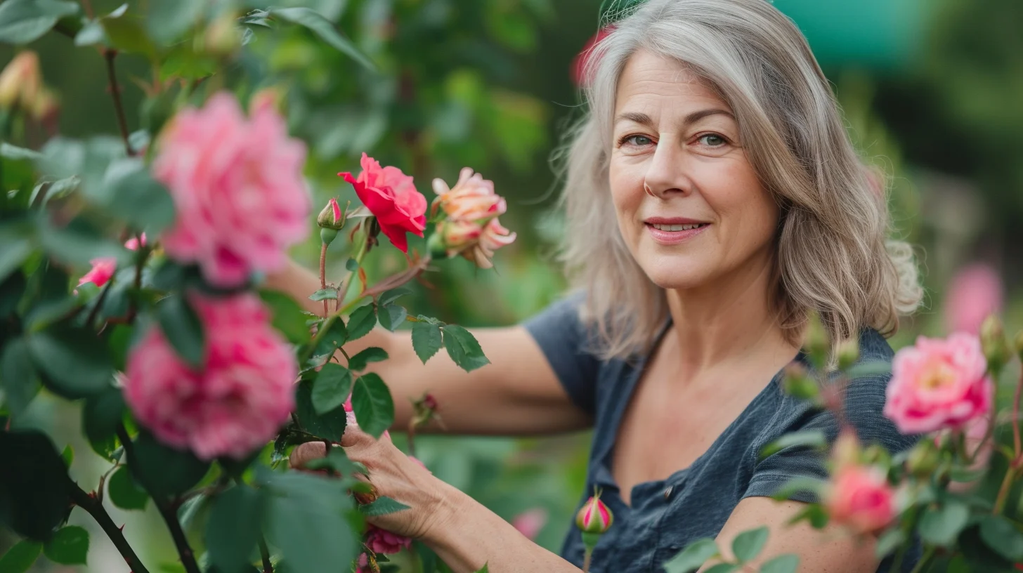 Frau betrachtet Rosen im Garten.