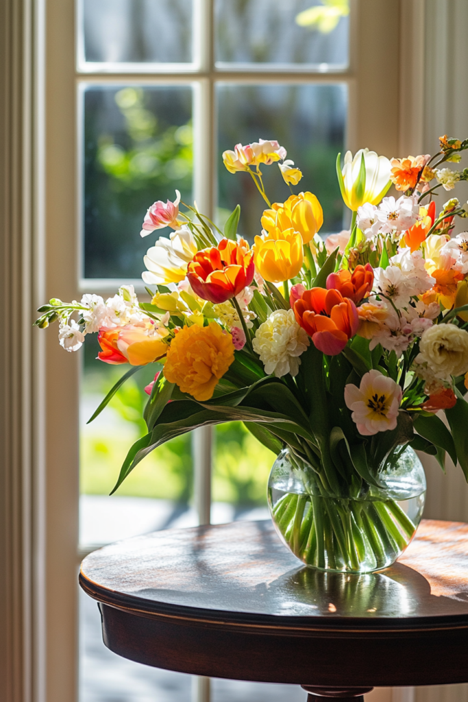 bunte Frühlingsblumen in Vase im Sonnenschein