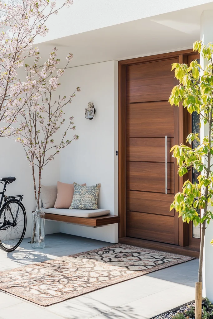 Frühlingsdeko Hauseingang mit blühendem Baum Holzbank und Fahrrad