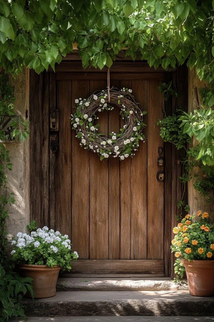 Frühlingsdeko Hauseingang mit Blumenkranz und Blumentöpfen