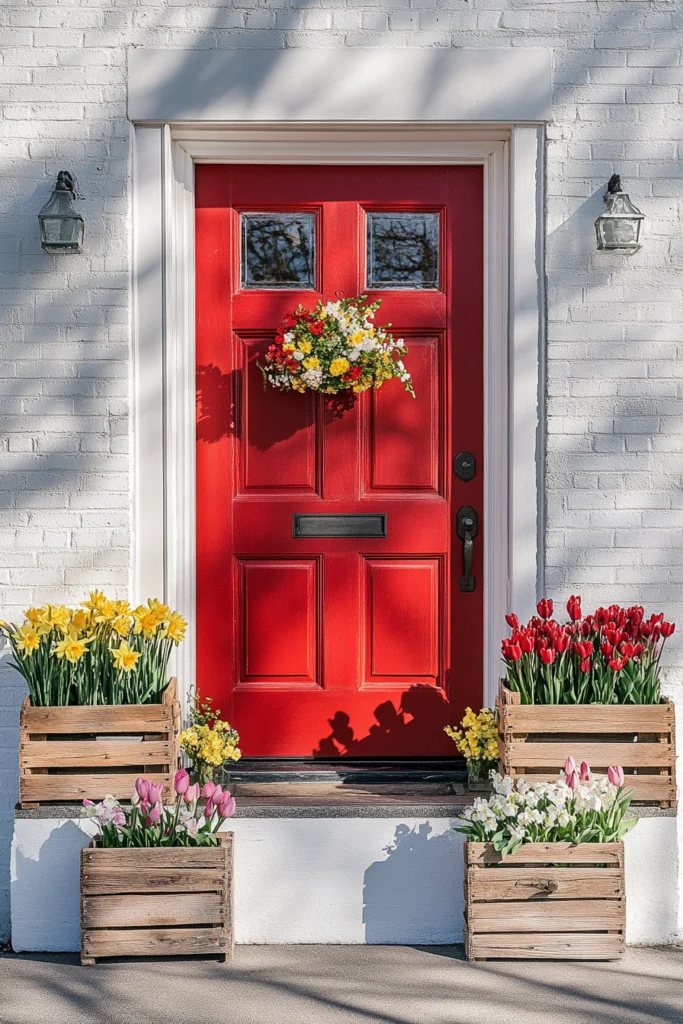 Frühlingsdeko Hauseingang mit roter Tür und bunten Blumen