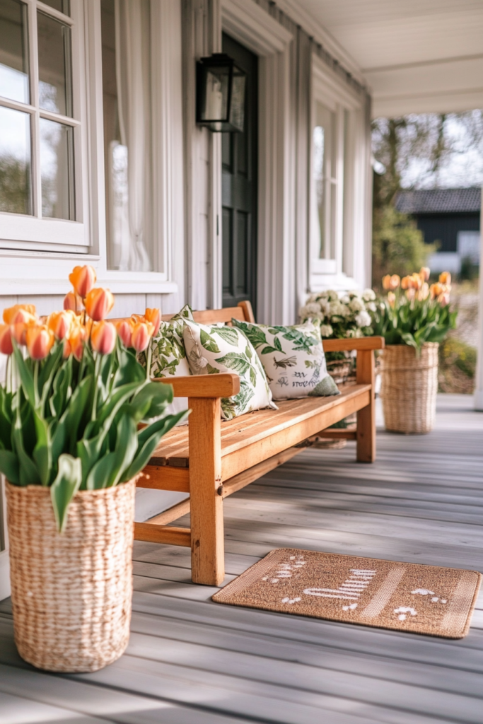 Frühlingsdeko mit Tulpen und Bank am Hauseingang