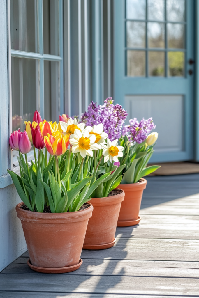 Terrakottatöpfe mit Frühlingsblumen am Hauseingang