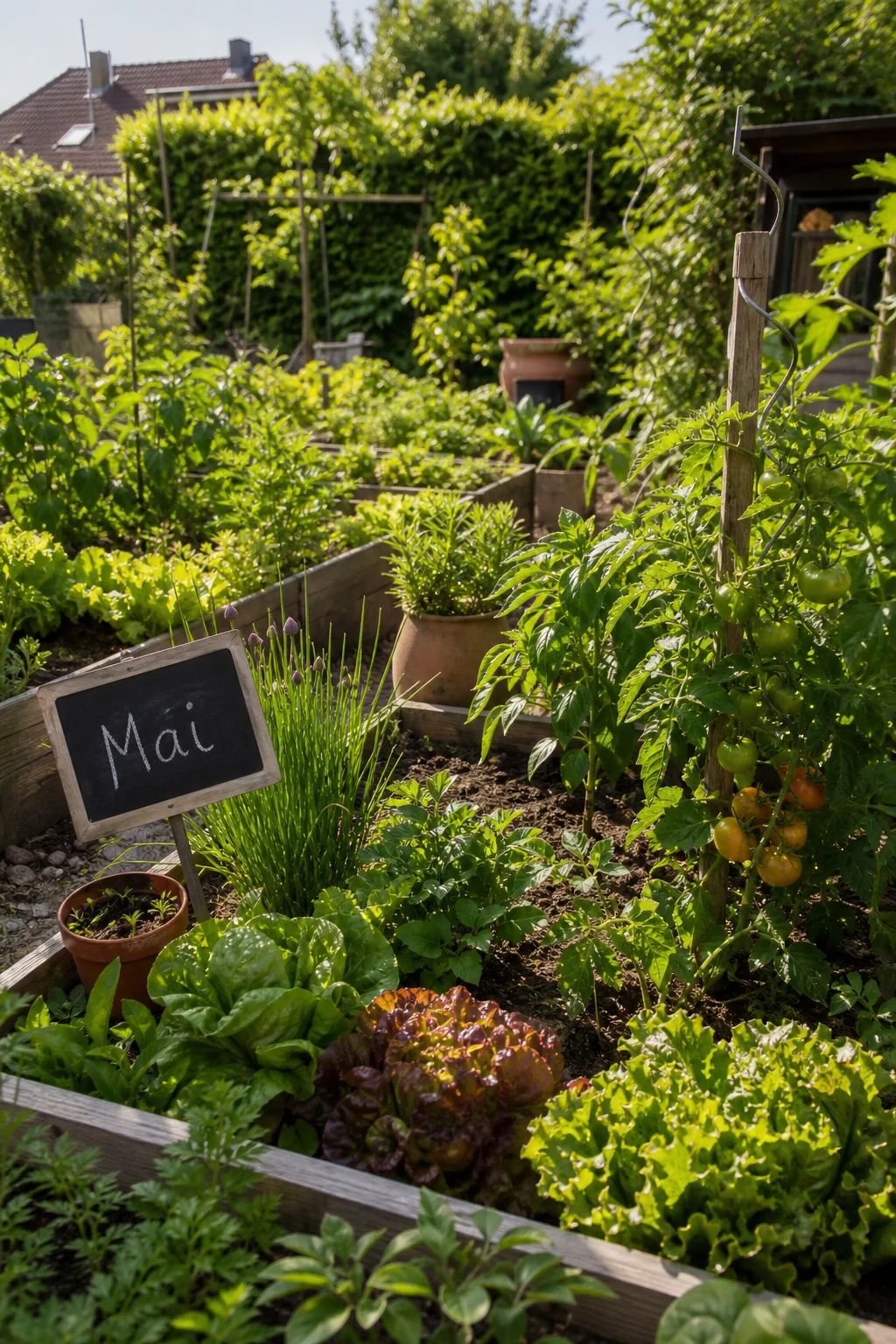 Gemischtes Gemüsebeet im späten Frühling mit Tomaten, Paprika, Salat und Kräutern, kleines Schild mit "Mai" am Beetrand.