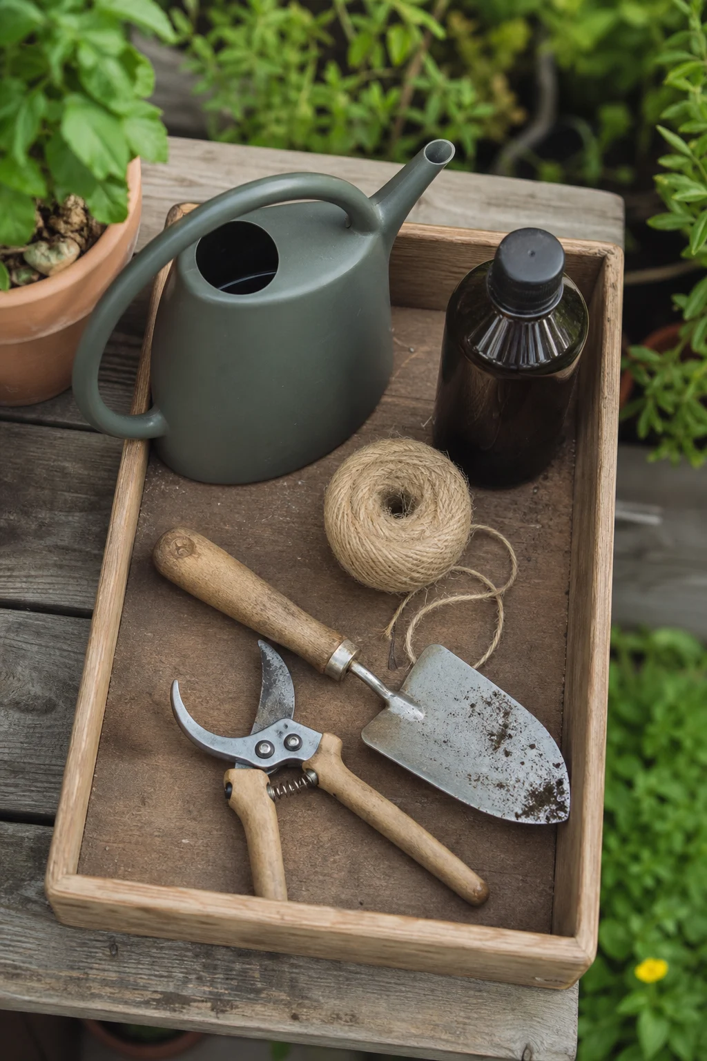 Holztablett mit Gießkanne, Bio-Flüssigdünger, Bast, Handschaufel und Gartenschere — Werkzeug für die Saison-Reparatur.