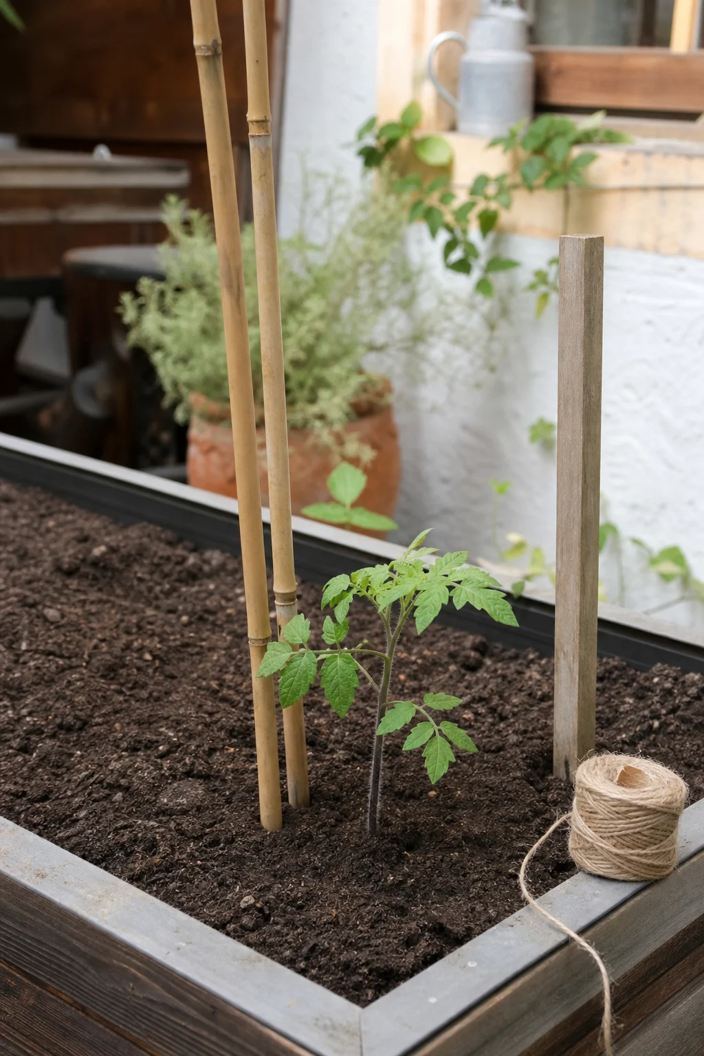 Zwei Bambusstäbe und ein Holzpfahl stehen bereits neben einer jungen Tomatenpflanze, Jutebast liegt auf dem Beetrand.