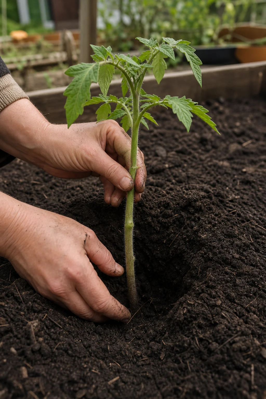Tomatensämling wird so tief ins Beet gesetzt, dass zwei Drittel des Stängels unter der Erde verschwinden, untere Blätter sind entfernt.