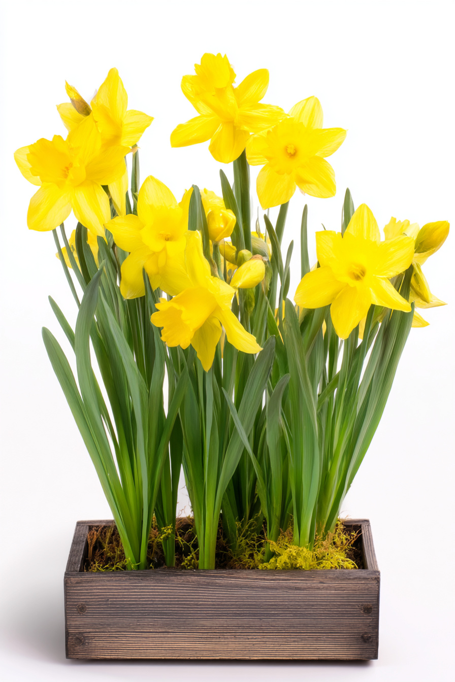 Gelbe Narzissen im Blumenkasten aus Vogelperspektive