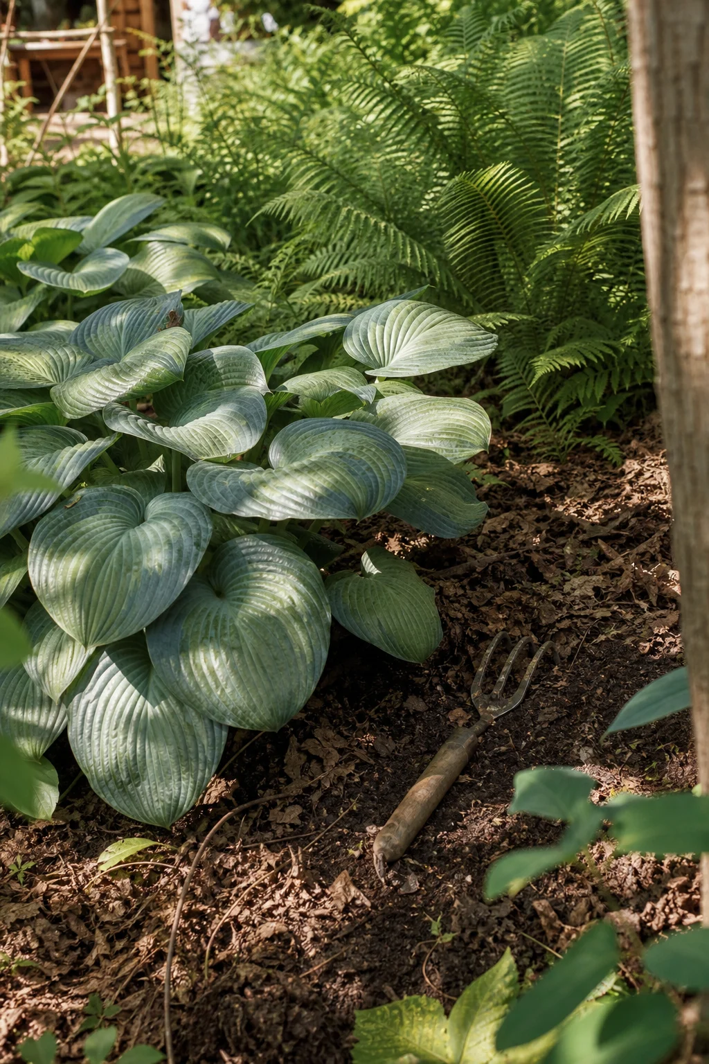 Etablierte Funkien in einem schattigen Beet, frisch ausgebrachte Schicht Laubkompost und Mulch um die Pflanzenbasis, Handgabel daneben.