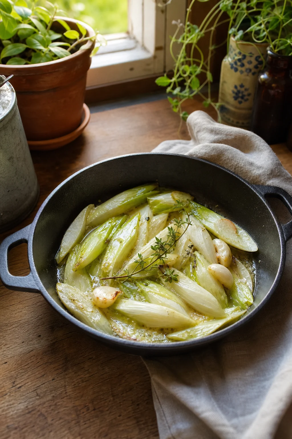 Kleine Gusseisenpfanne mit Funkientrieben, die in Butter mit Knoblauch und Zitronenthymian schmoren, auf einer rustikalen Küchenarbeitsfläche.