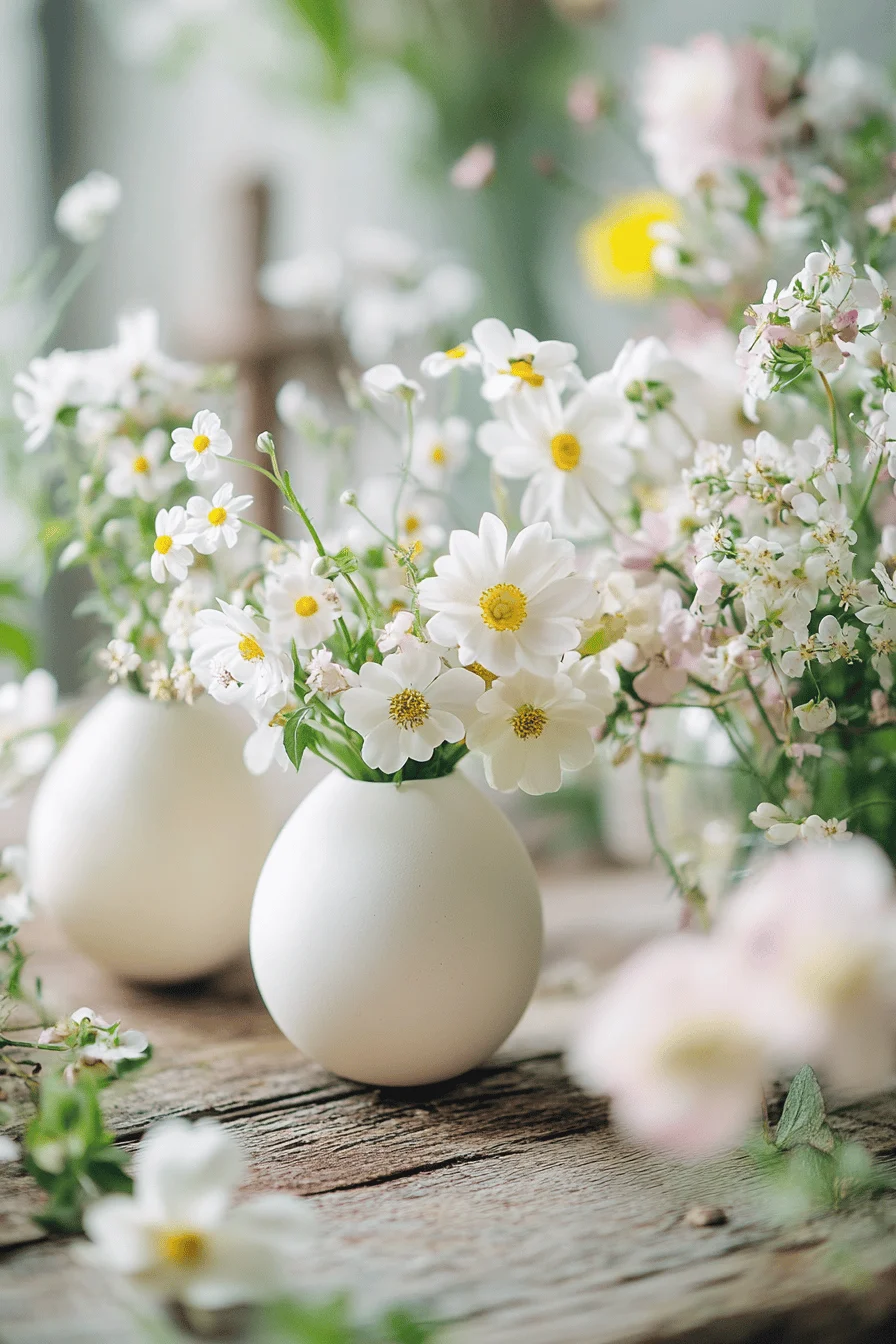Weiße Eierschalen als Vasen mit kleinen Blumenarrangements.